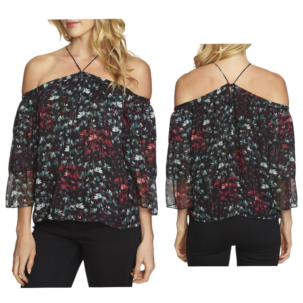 1. State Floral Metallic Halter Cold Should Blouse
